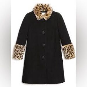 Kate Spade Jewel Button Boucle Coat w/ Faux Fur Leopard collar and cuffs sz 8